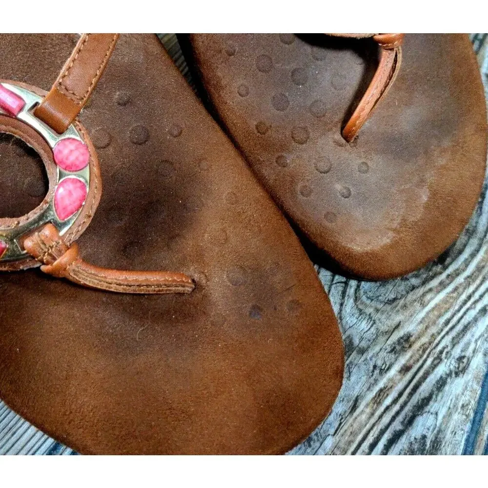 Vionic 340 Ricci Women Thong Sandal Flip Flop Brown‎ Leather Beaded Size 10